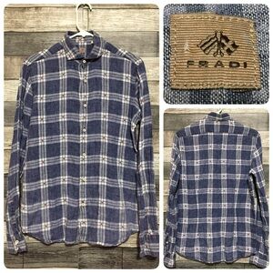 Fradi Linen Plaid Button Up Shirt Men’s 15 1/2 39 Blue White Lightweight